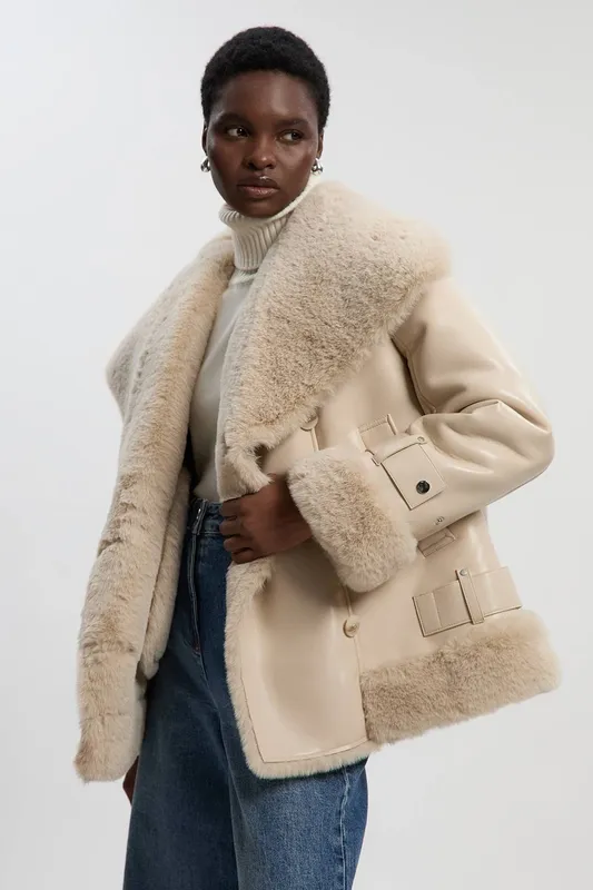 Karen Millen Women's Faux Shearling Oversize Collar Short Coat in Ivory Size: 10 - Ivory