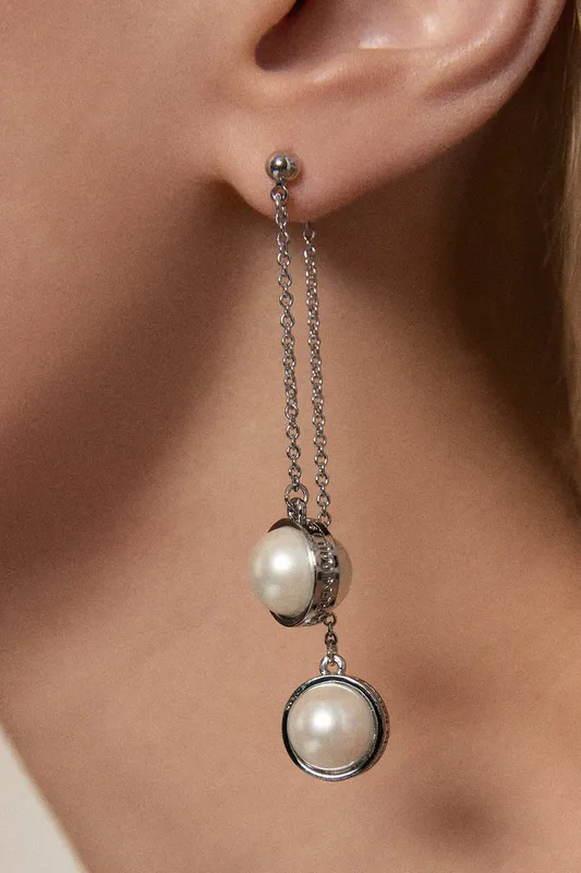 Karen Millen Women's Silver Tone Logo Pearl Double Drop Earrings - Silver