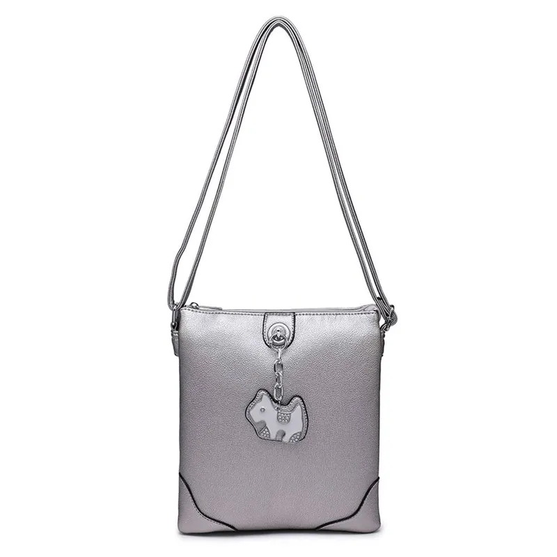 Kitise Women's Chic Puppy Charm Faux Leather Crossbody Messenger Bag in Silver - Silver