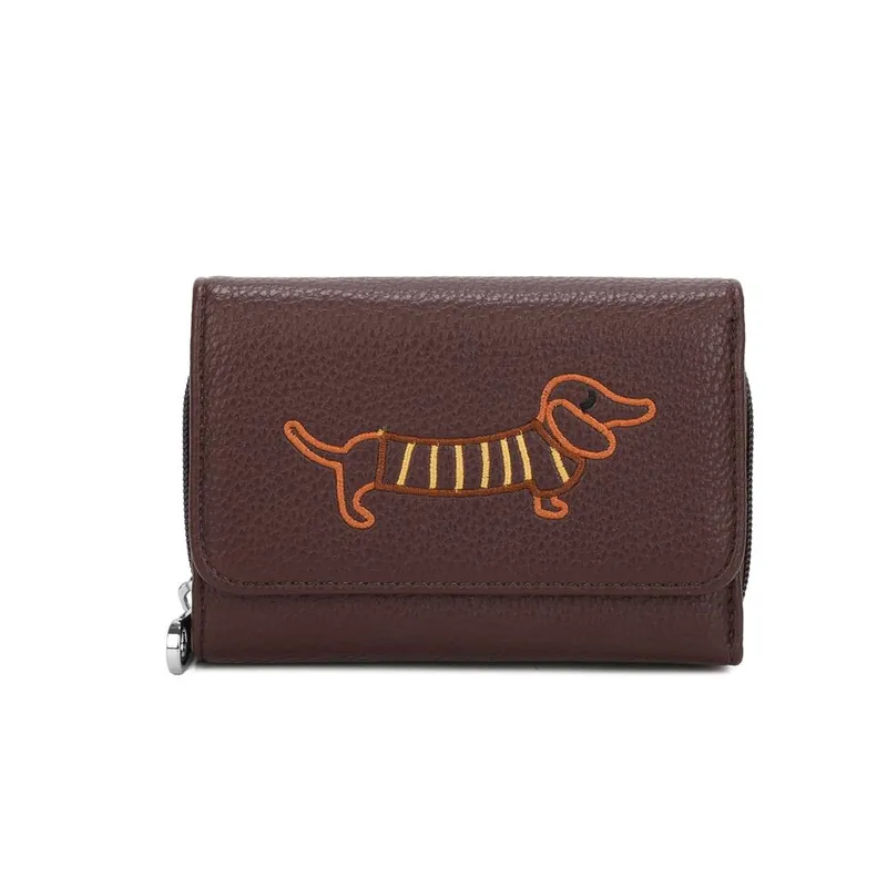 Kitise Women's Wallet Dachshund Dog Embroidery Trifold Snap Closure Coin Purse in Dark Brown - Dark Brown
