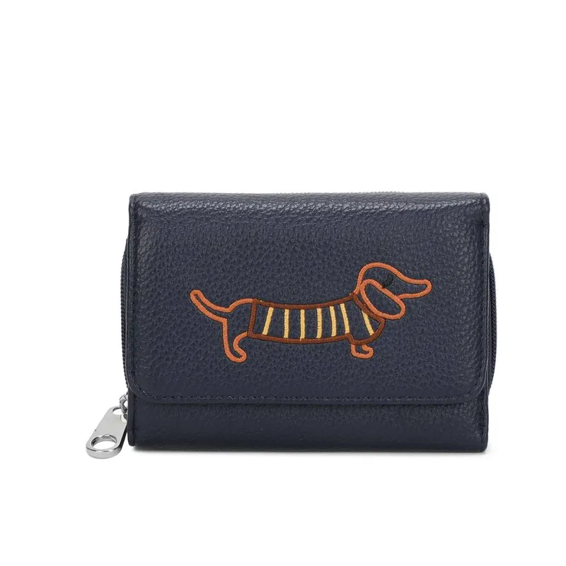 Kitise Women's Wallet Dachshund Dog Embroidery Trifold Snap Closure Coin Purse in Navy - Navy