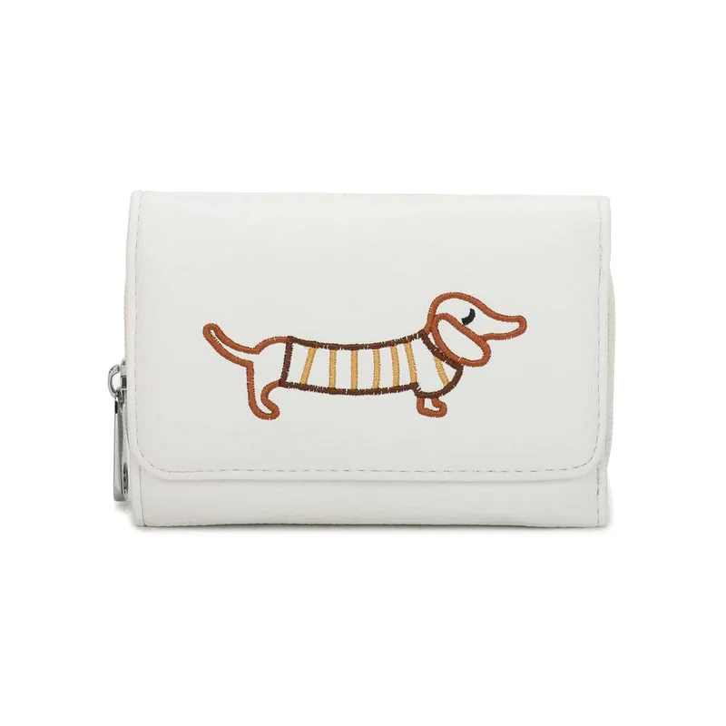 Kitise Women's Wallet Dachshund Dog Embroidery Trifold Snap Closure Coin Purse in White White