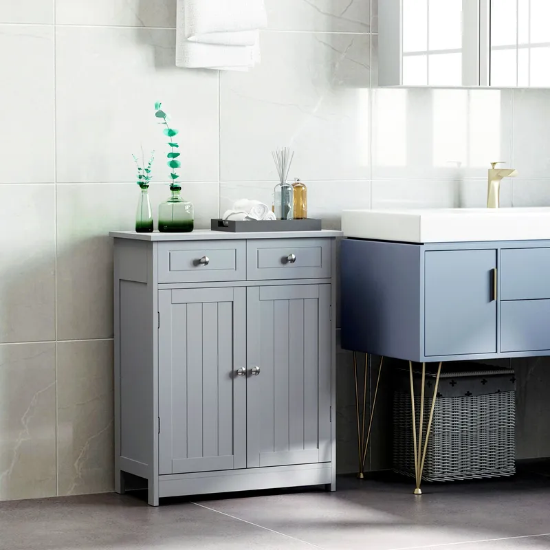 Kleankin Bathroom Floor Storage Cabinet w/ 2 Drawers Door Cupboard in Grey Grey