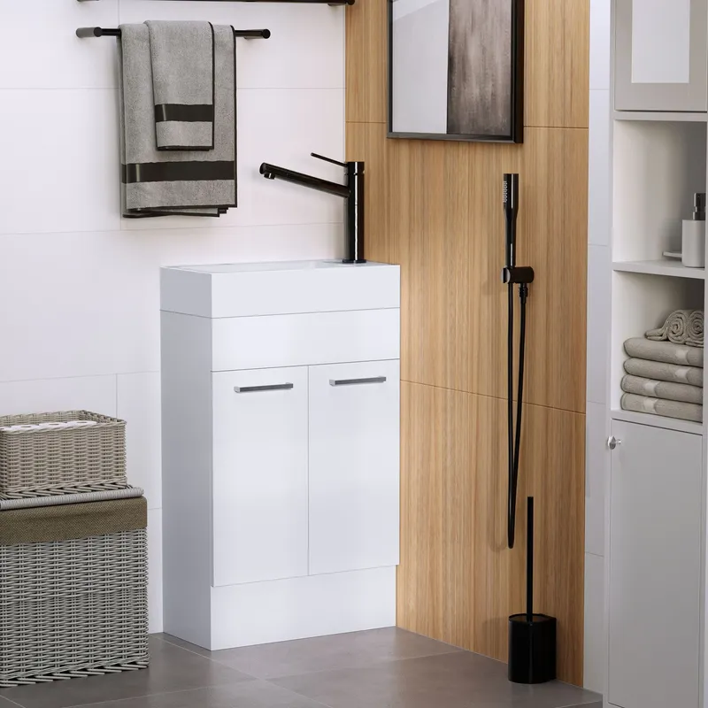 Kleankin Bathroom Vanity Unit Wash Basin Base Cabinet Two Doors With Ceramic in White White