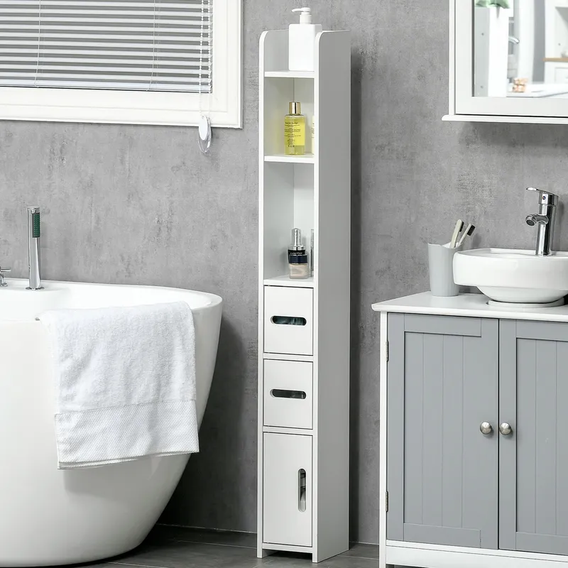 Kleankin Freestanding Bathroom Cabinet w/ Open Shelves 3 Cupboards, White White