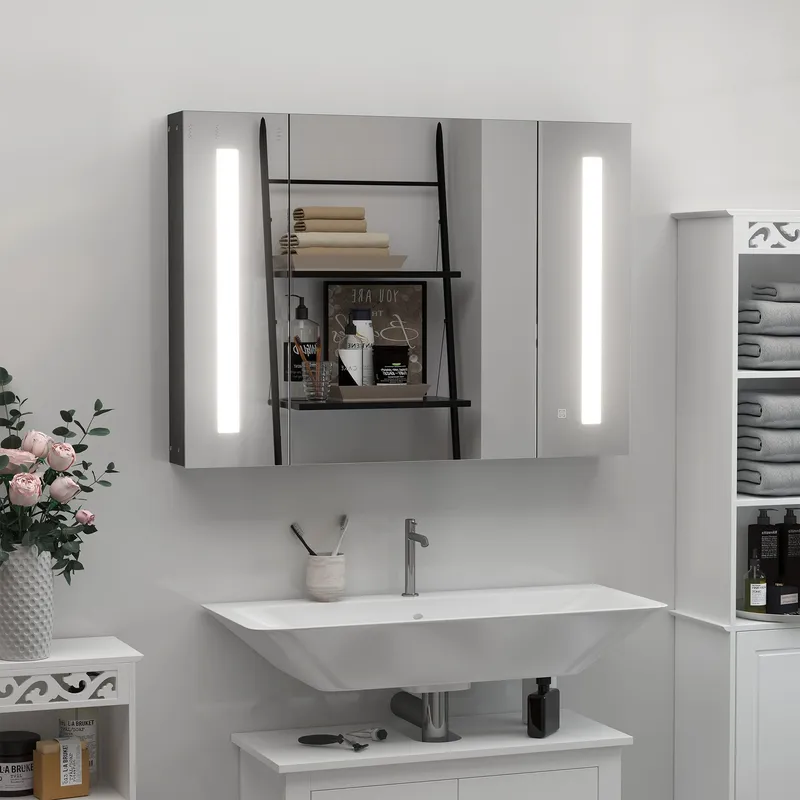 Kleankin LED Mirror Cabinet Wall Mounted Bathroom 3 Mirrored Door High Gloss in Black Black