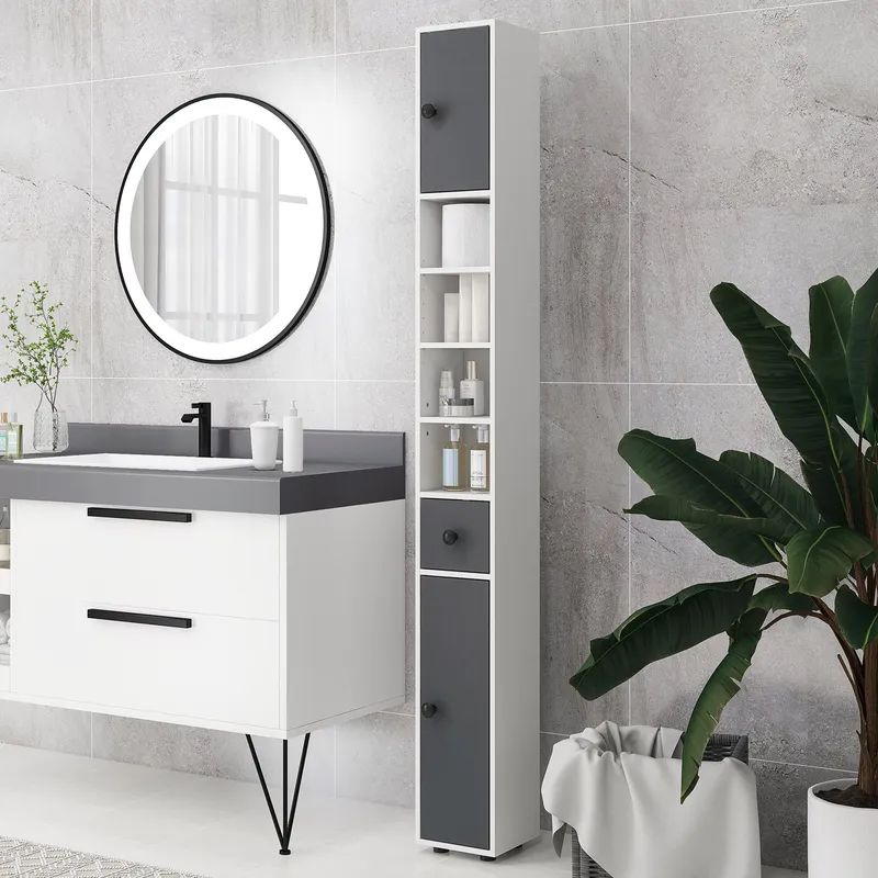 Kleankin Slim Bathroom Cabinet, Toilet Roll Storage w/ Shelves in Grey Grey
