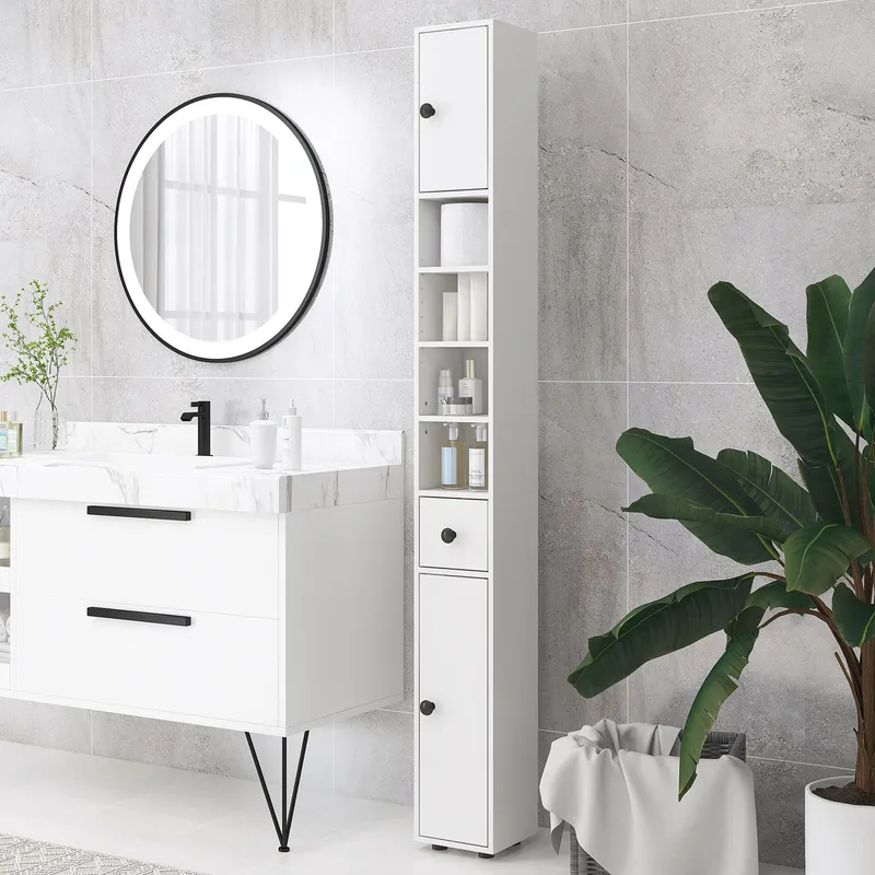Kleankin Slim Bathroom Cabinet, Toilet Roll Storage w/ Shelves in White White