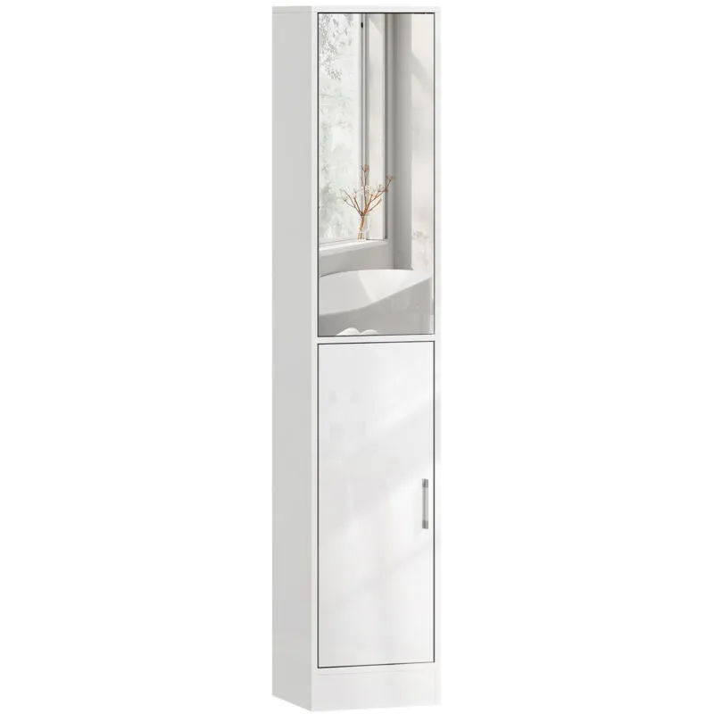 Kleankin - Tall Bathroom Cabinet with Mirror, High Gloss White