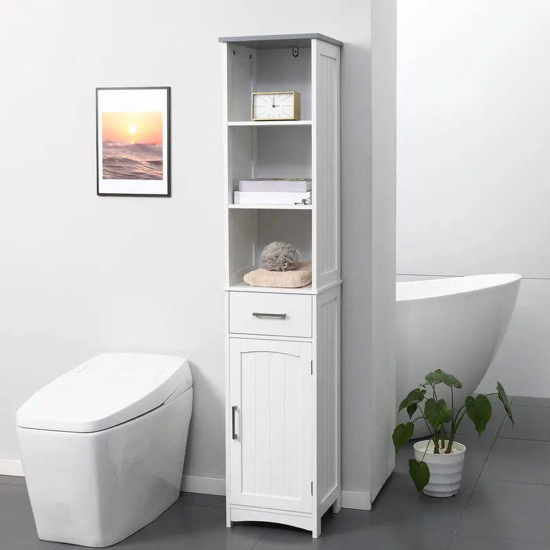 Kleankin Tall Bathroom Storage Cabinet Freestanding Linen Tower Slim Organizer in White White