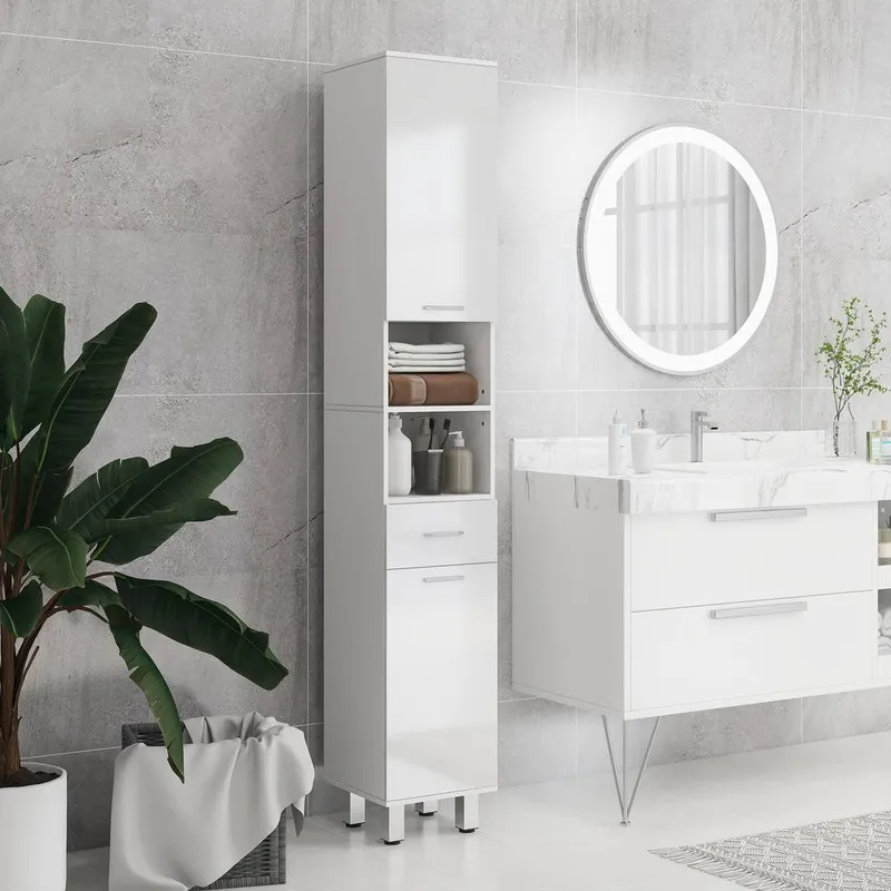 Kleankin Tall Narrow Bathroom Storage Cabinet Cupboard w/ Cabinets, White White