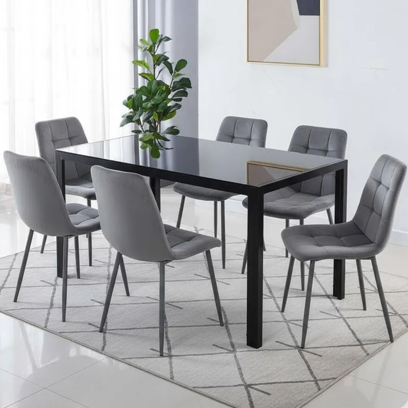Kosy Koala Black Glass Dining Table Set With 6 Grey Velvet Chairs Grey