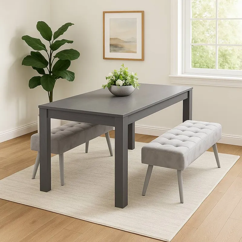 Kosy Koala Unisex Dark Grey Arrow Design Dining Table Set w/ 2 Grey Velvet Benches in Brown Brown female