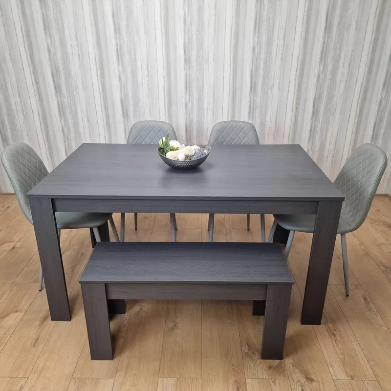 Kosy Koala Dark Grey Dining Table with 4 Diamond Stitched Grey Chairs & 1 Bench - Dark Grey