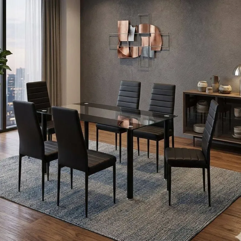 Kosy Koala Unisex Dining Table & 6 Chairs Black Clear Glass 6 Leather Black Chairs Black One Size female