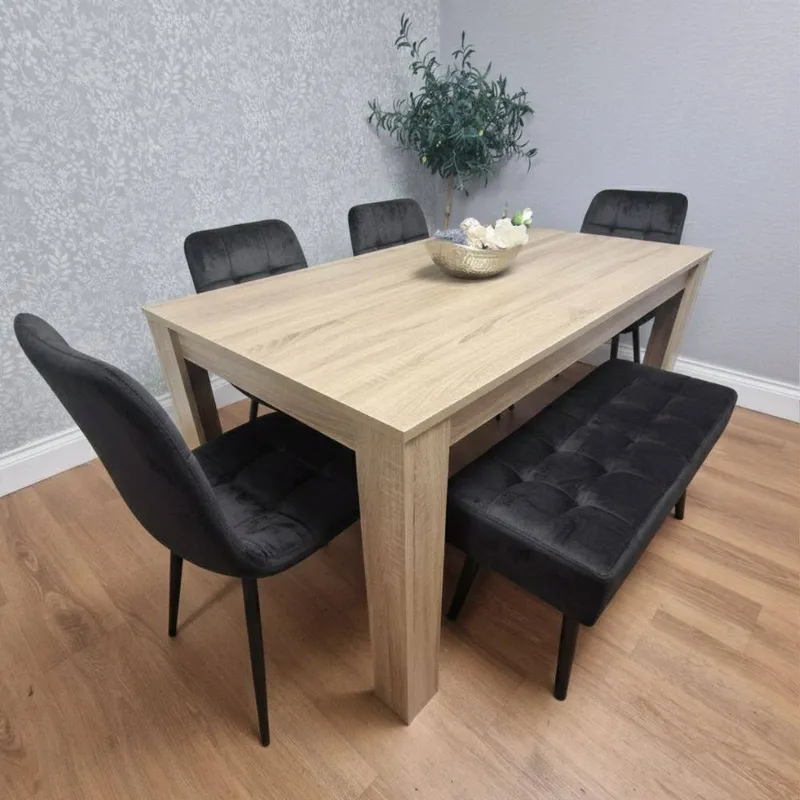Kosy Koala Unisex Modern Oak Table w/ 4 Black Velvet Chairs & a Black Velvet Benche Black female