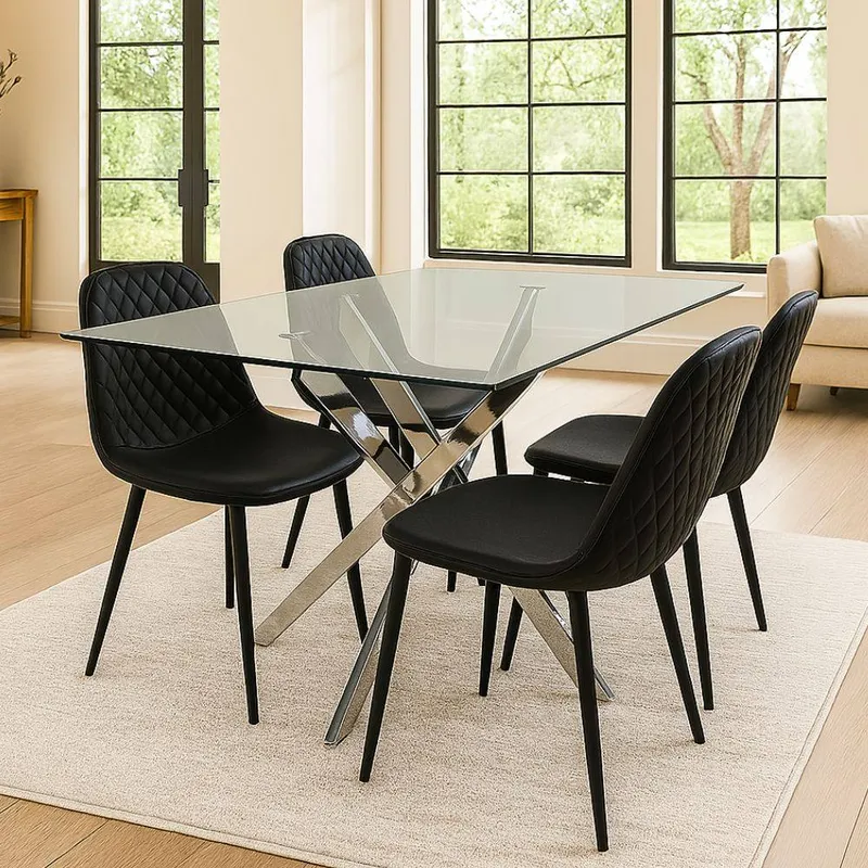 Kosy Koala Modern Rectangle Glass Dining Table With 4 Black Gem Pattern Chairs Black