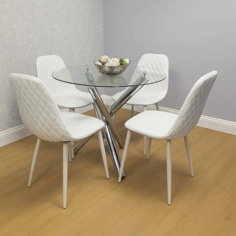 Kosy Koala Modern Round Clear Glass Dining Table With 4 White Gem Pattern - White