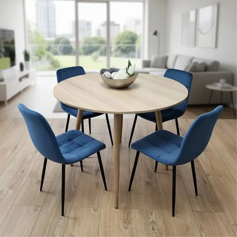 Kosy Koala Modern Round Dining Table Set With 4 Blue Velvet Chairs - Blue - Size: One Size