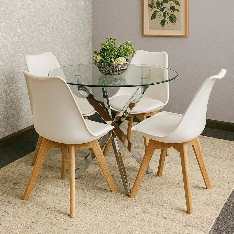 Kosy Koala Modern Round Glass Dining Table Set With 4 Cream Plastic Chairs Cream