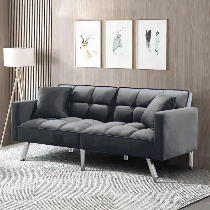 Kosy Koala Sofa Bed 2 Seater Grey Velvet Click Clack Sofa Settee Recliner Couch with Metal Legs with 2 Pillows - Grey