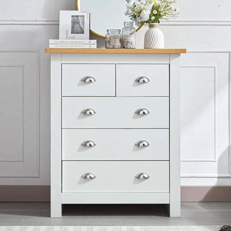 Kosy Koala 5-Drawer Dresser with Light Wood Top, White Bedroom Storage Chest, Silver Handles, W79cm White