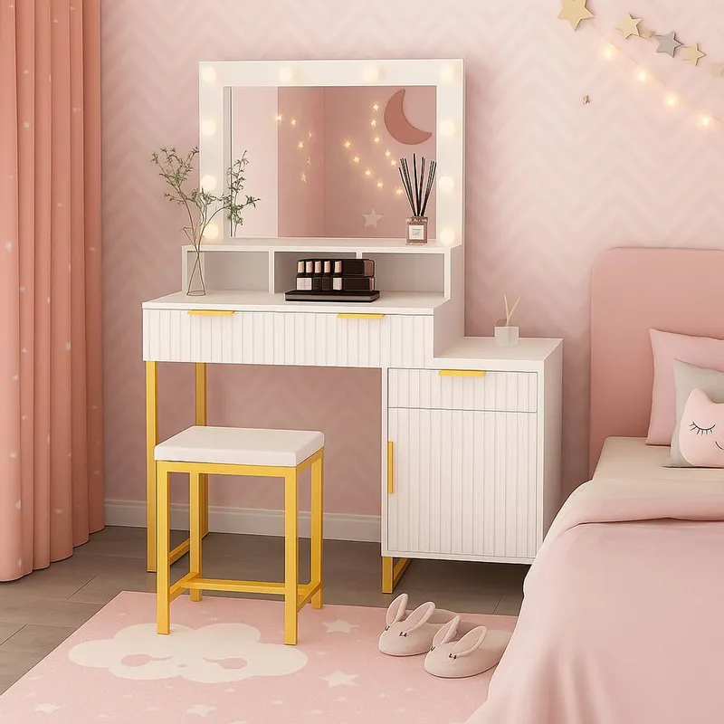 Kosy Koala Dressing Table Set with Bulb Lights Mirror, Storage Cabinet & Stool - White & Gold - Hollywood Style White