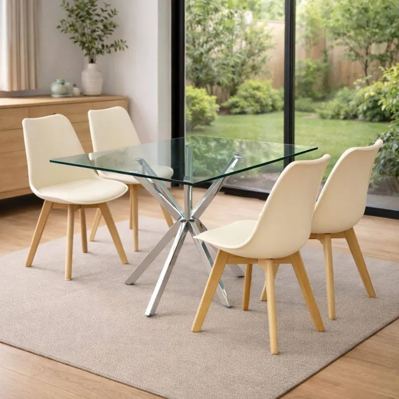 Kosy Koala Modern Rectangle Glass Dining Table Set With 4 Cream Plastic Chairs - Cream - Size: One Size