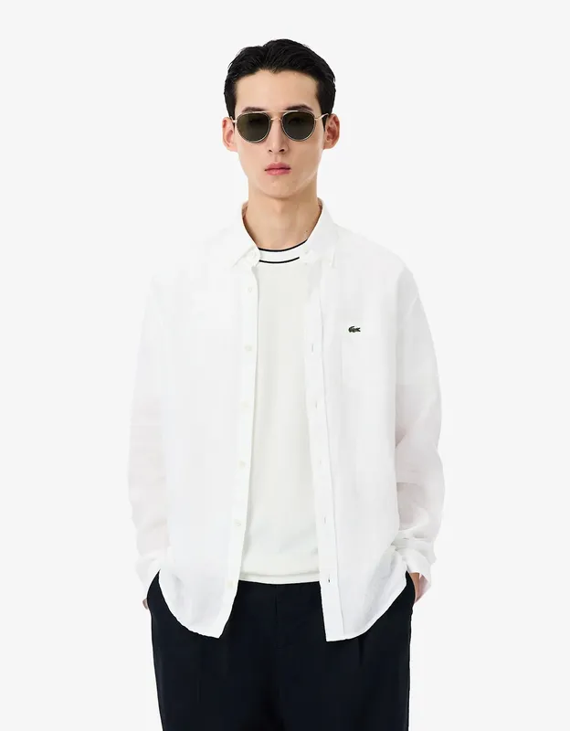 Men's Lacoste Regular Fit Long Sleeve Mens Linen Shirt - White 001 - Size: 40/Regular