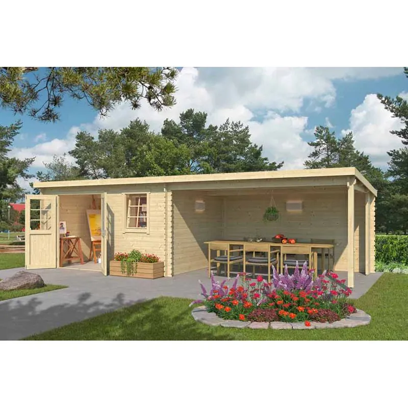 Lasita Maja Lasita Reno 25 x 10 Ft. Pent Roof Summerhouse With An Undercover Canopy (28mm)