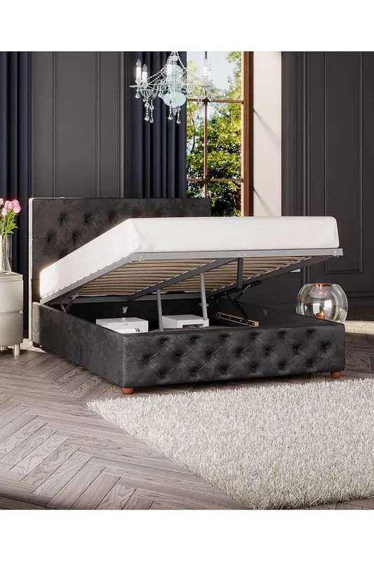 Laurence Llewelyn-Bowen Luna Ottoman Storage Bed in Mirazzi Velvet Fabric, Custom Made in Black Size: Small Double - Black - Size: Small Double