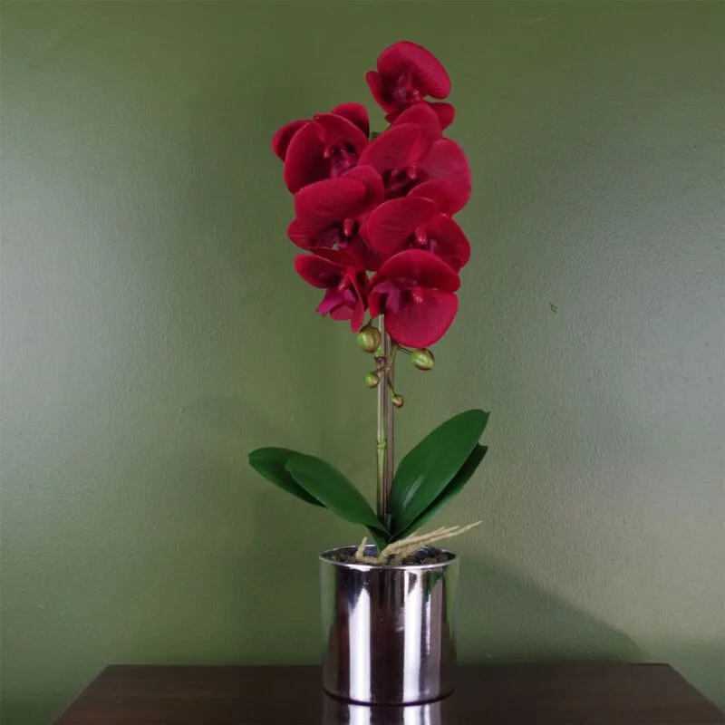 Leaf 46cm Artificial Orchid Red with Silver Pot