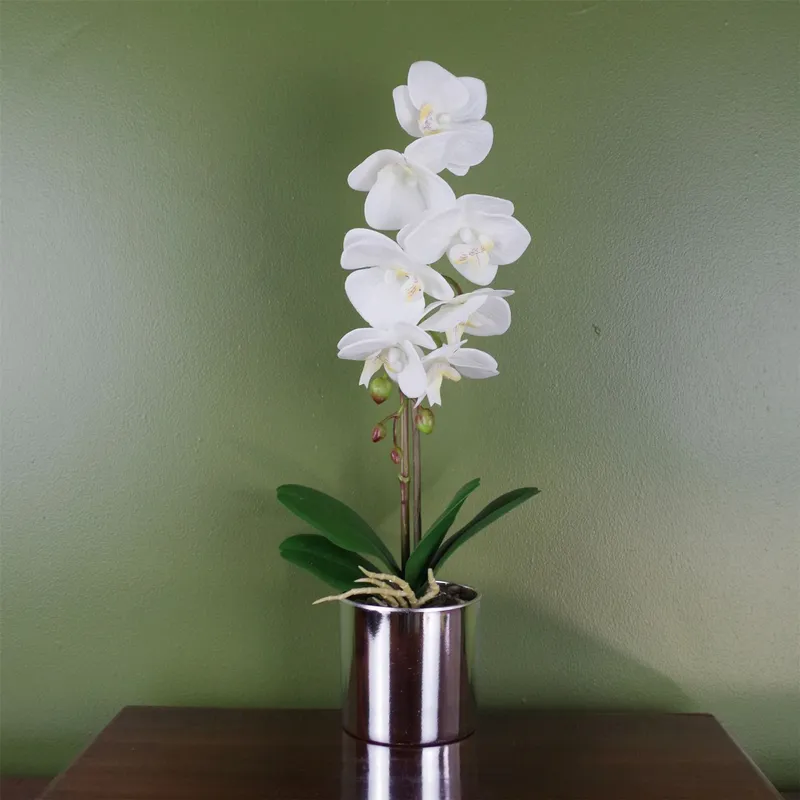 Leaf 46cm Artificial Orchid White with Silver Pot White