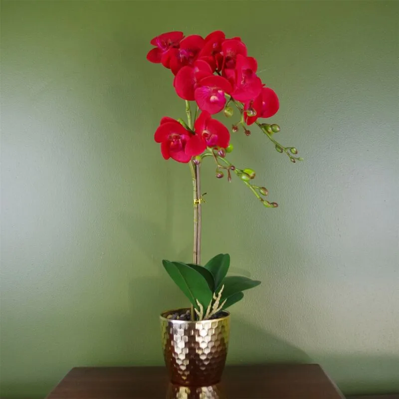 Leaf - 50cm Phalaenopsis Orchid Artificial Red Leopard Gold Pot