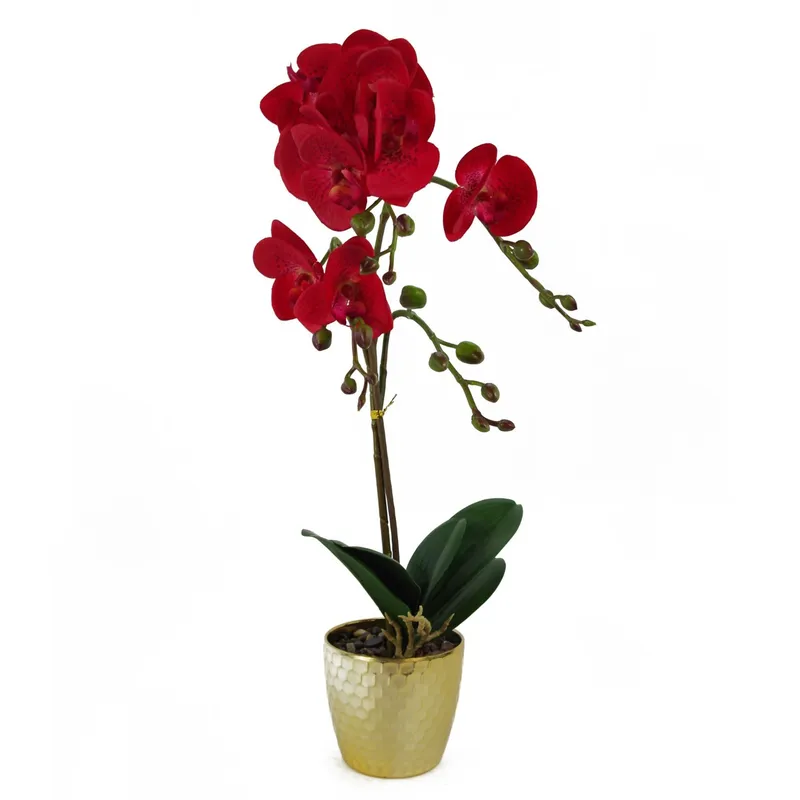 Leaf 50cm Phalaenopsis Orchid Artificial - Red Leopard - Gold Pot Red