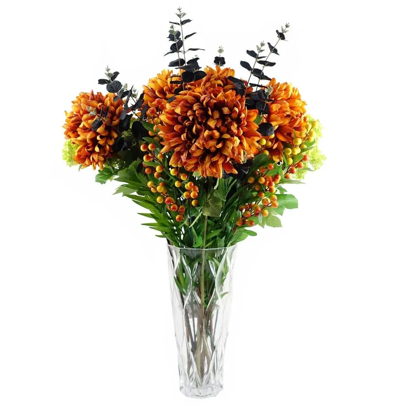 Leaf 80cm Orange Chrysanthemum Foliage & Glass Vase in Black Black