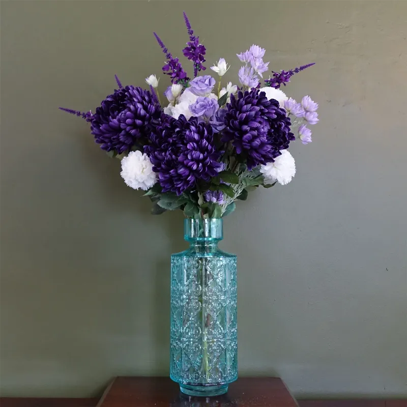 Leaf Purple Chrysanthemum Arrangement Glass Vase Blue 80cm H X 50cm W X 50cm D