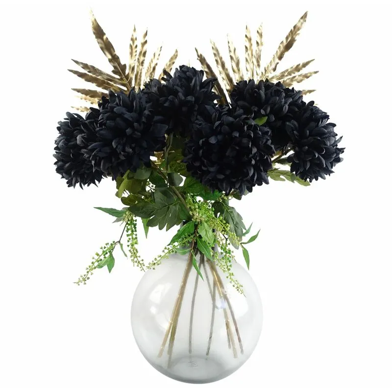 Leaf 95cm Black Chrysanthemum Bundle Glass Ball Vase Black