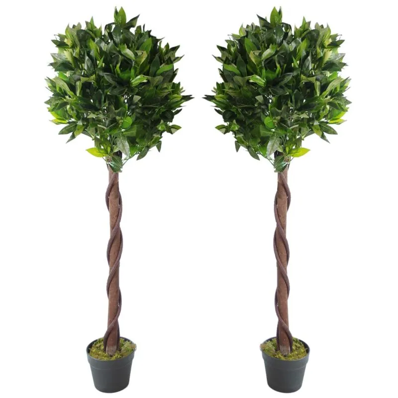 Leaf Artificial Topiary Bay Laurel Trees Pair 120cm Trunk in Green Green