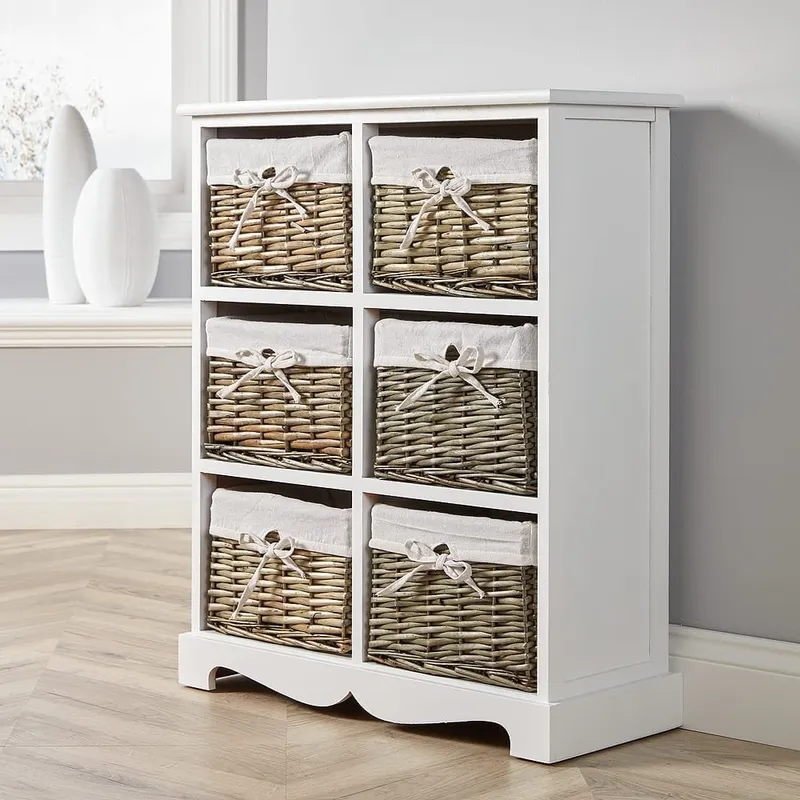 Lichfield 6 Wicker Basket Storage Drawers - White