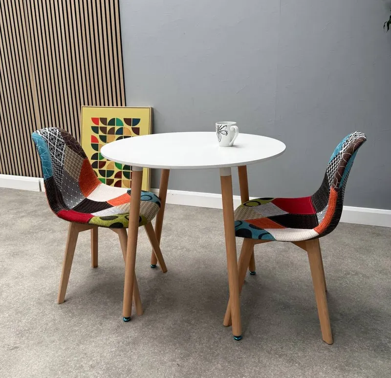 Life Interiors Patchwork Halo Dining Set for 2 - a Round Dining Table & Set of 2 Fabric Dining Chairs in White White