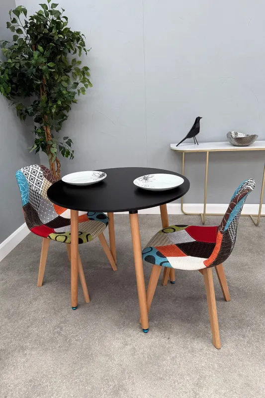 Life Interiors Patchwork Halo Dining Set for 2 - a Round Dining Table & Set of 2 Fabric Dining Chairs in Black Black