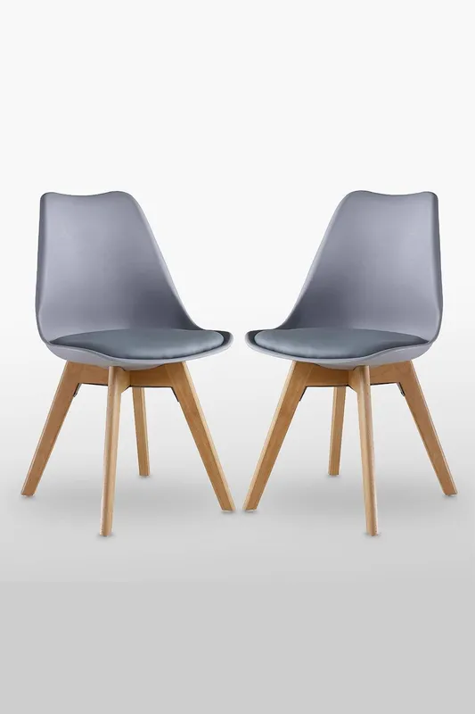 Life Interiors Set of 2 Scandinavian Dining Chairs Leather Cushions Solid Wood Legs in Grey Grey