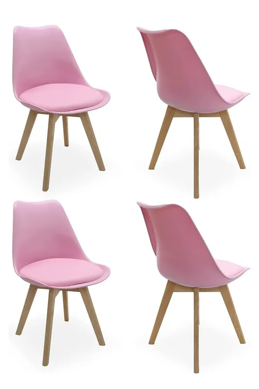 Life Interiors Set of 4 Scandinavian Dining Chairs Leather Cushions Solid Wood Legs in Pink Pink
