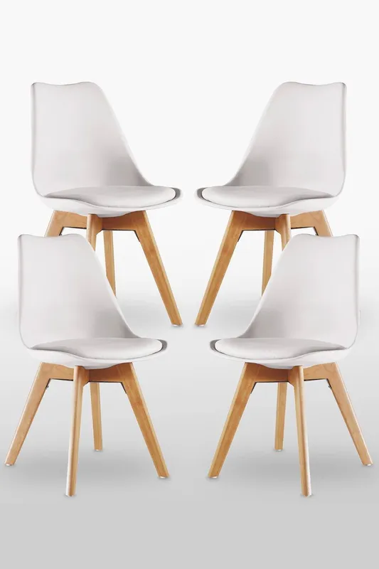 Life Interiors Set of 4 Scandinavian Dining Chairs Leather Cushions Solid Wood Legs in White White