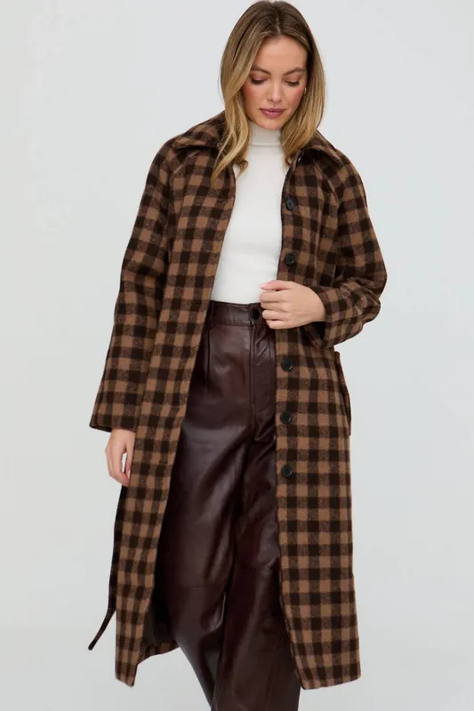 Lily and Lionel Women's Pia Tailored Check Print Coat In Brown Size: Medium Brown