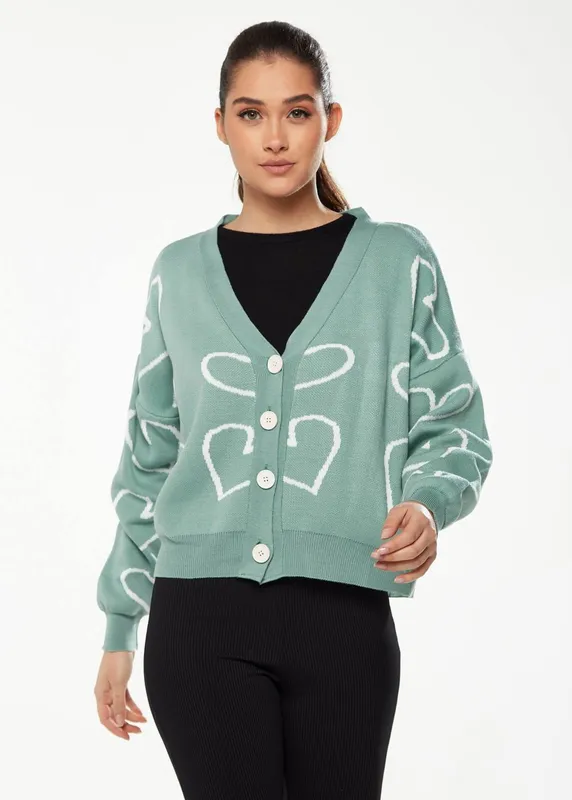 Liquorish Women's All Heart Cardigan Sweater In Green & White - Green