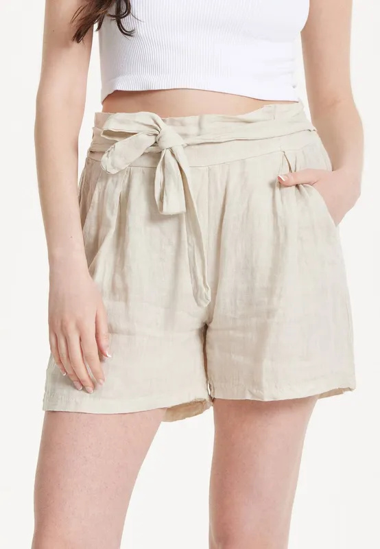 Liquorish Women's Beige Linen Tie Waist Shorts - Beige - Size: One Size