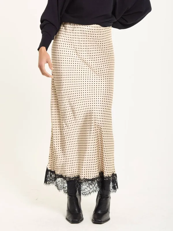 Liquorish Women's Beige Polka Dot Skirt with Black Lace Trim - Beige - Size: One Size