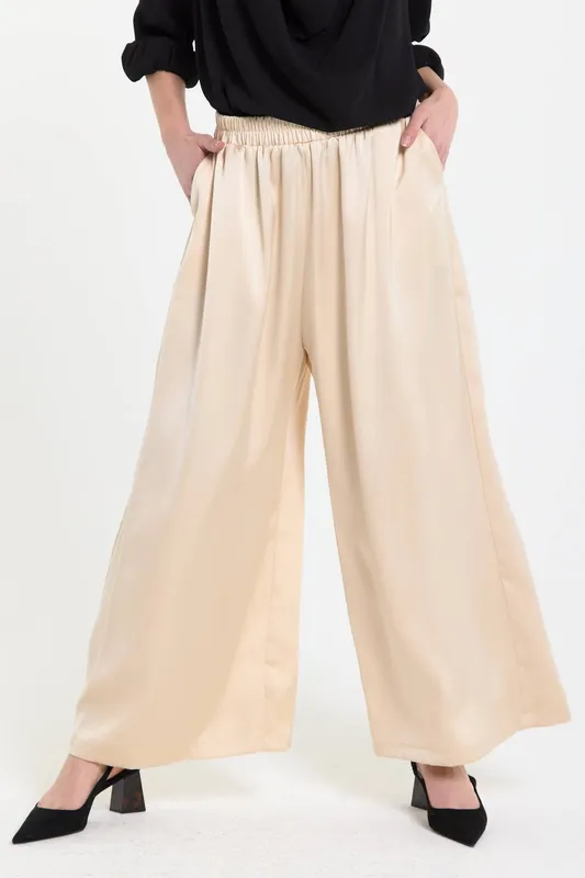 Liquorish Women's Beige Satin Wide Leg Trousers - Beige